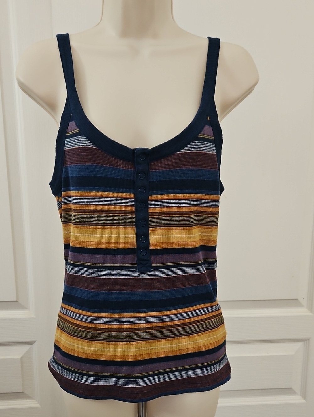 Women’s Striped Button-Front Tank Top in Navy, Mustard & Burgundy